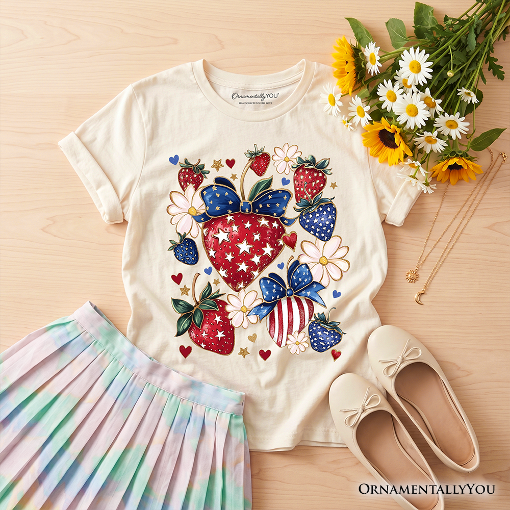 Kids Patriotic Boho Strawberries Bouquet T-Shirt 4th of July Tee