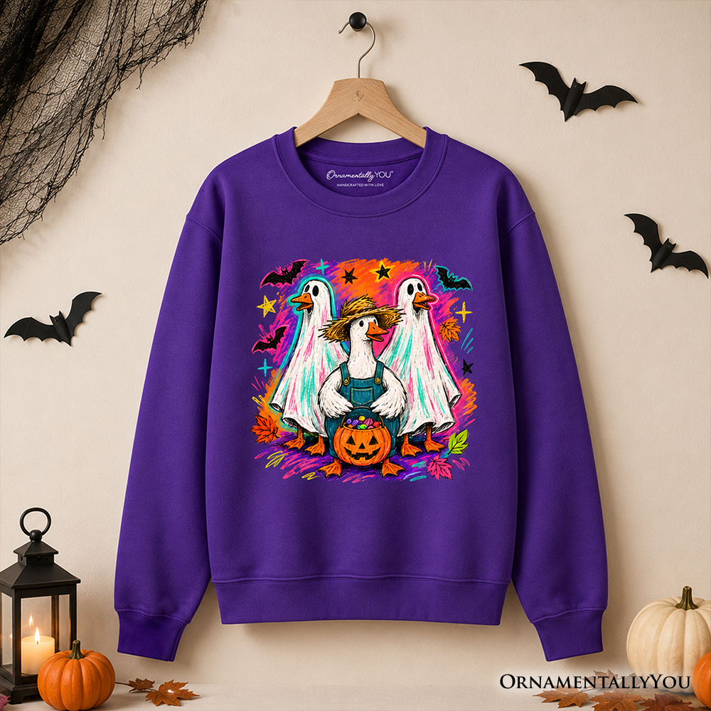 Trick or Treat Geese Sweatshirt, Colorful Halloween Ghost Costume Sweater