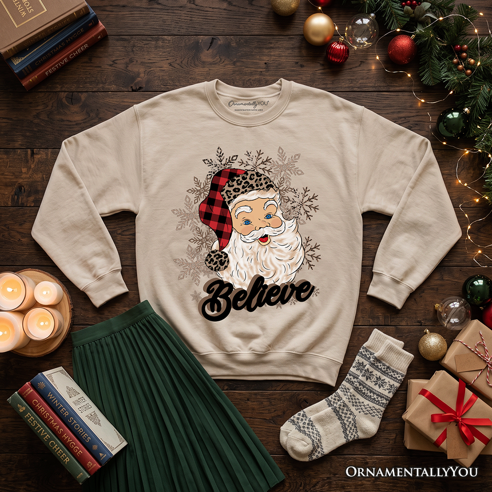 Believe Santa Buffalo Plaid Sweatshirt, Retro Christmas Sweater