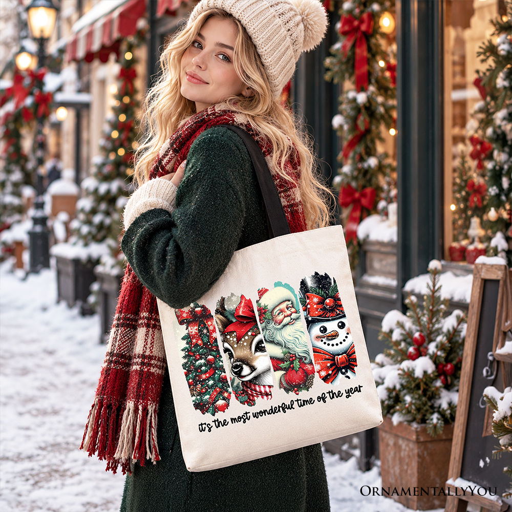 It's Most Wonderful Time Of The Year Tote Bag, Reindeer, Santa, Snowman Vintage Gift Shopper for Christmas
