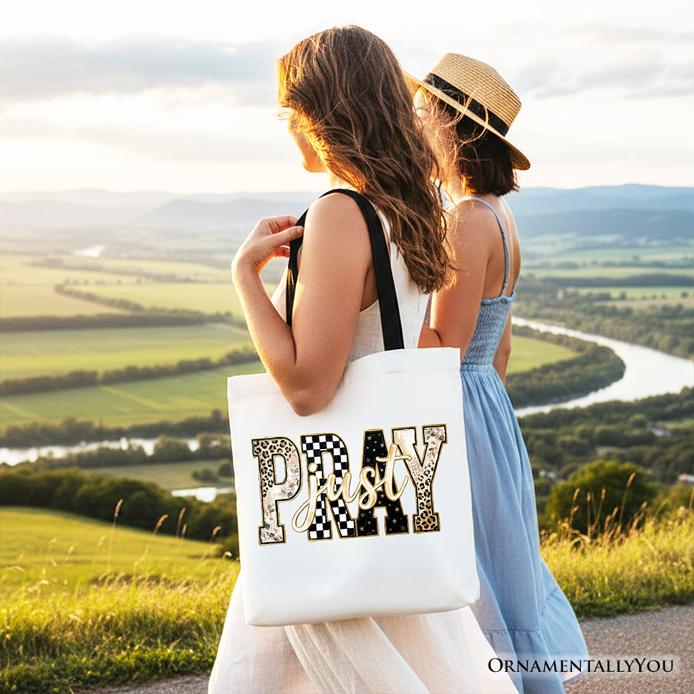 Just Pray Christian Varsity Tote Bag – Retro Leopard & Checkered Faith