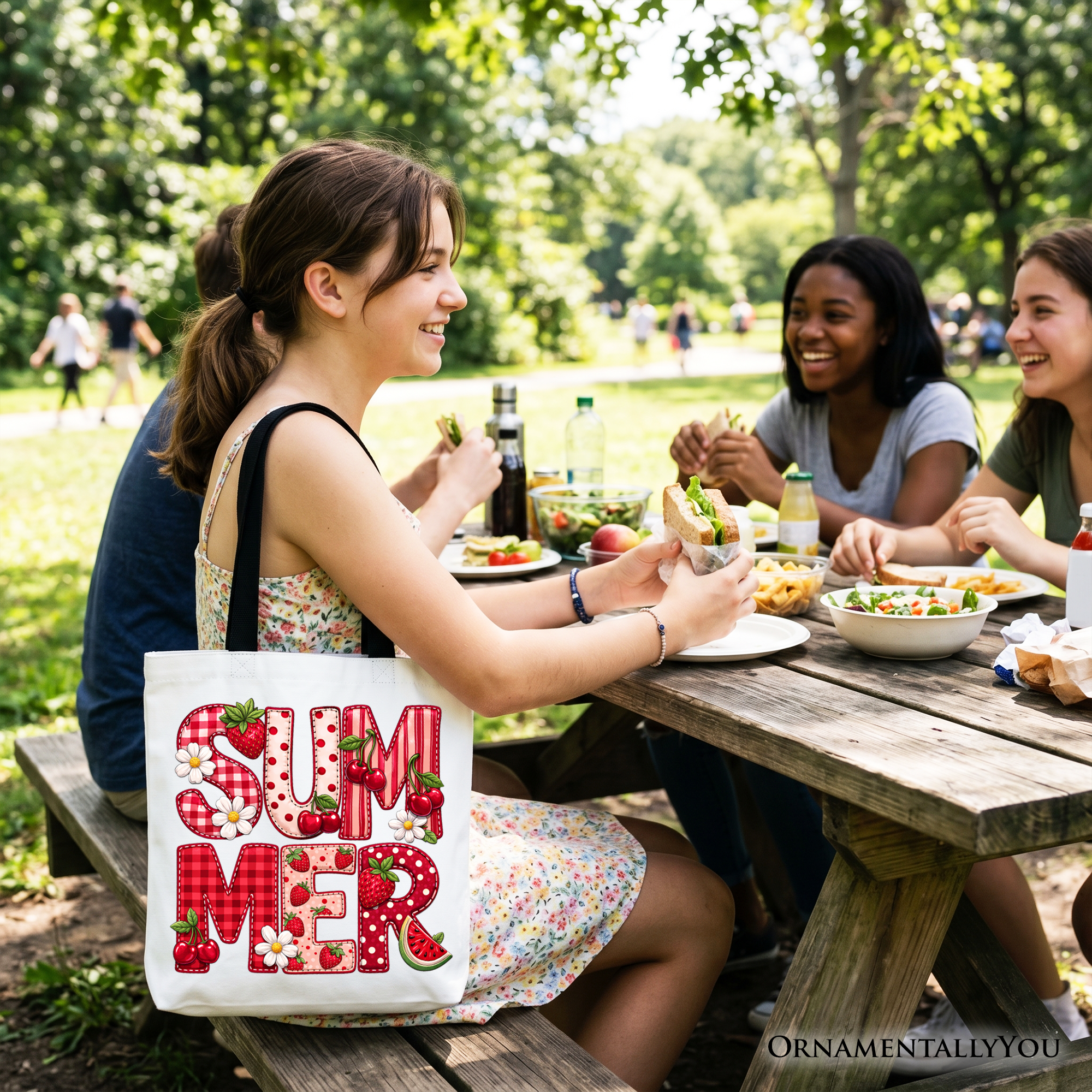 Strawberry Cherry Patchwork Tote Bag – Cute Fruit Summer Shopper