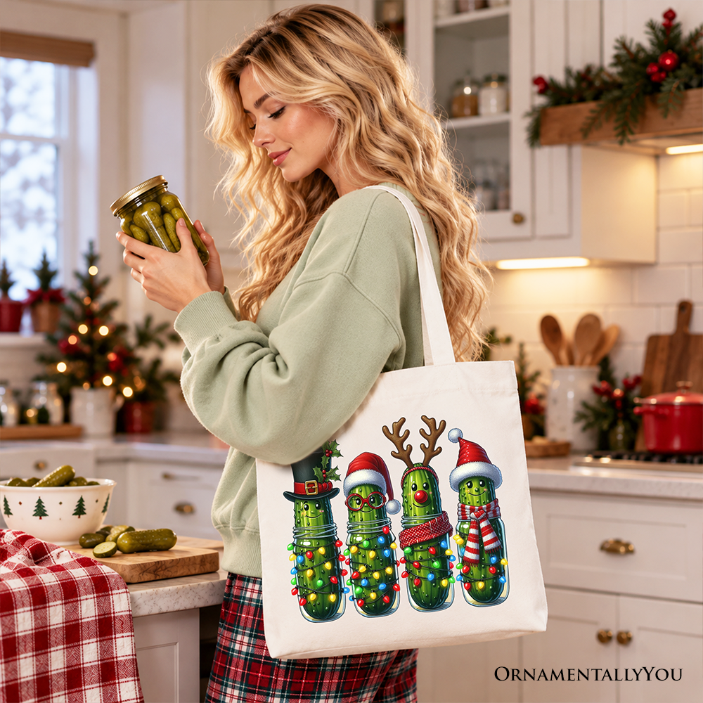 Christmas Pickles Tote Bag, Festive Holiday Cucumber Holiday Gift Shopper