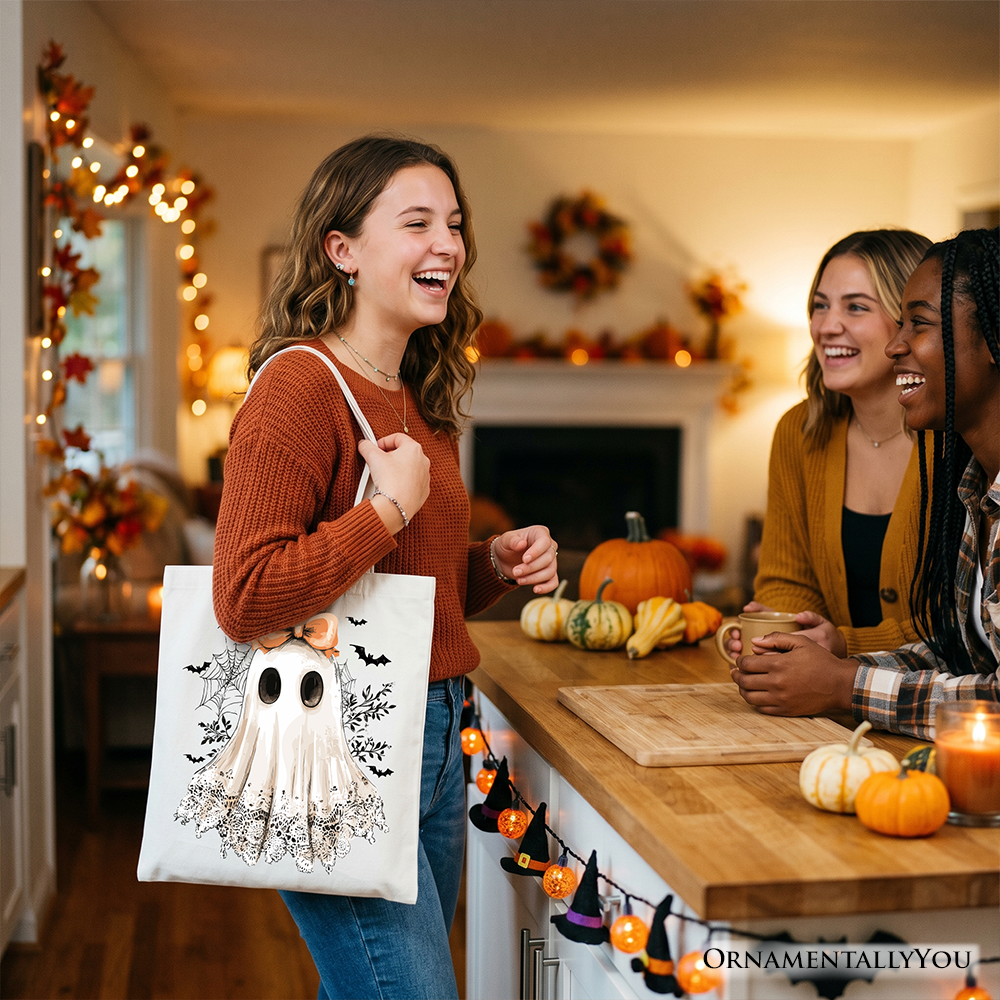 Coquette Ghost Tote Bag, Cute Girly Halloween Canvas Shopper