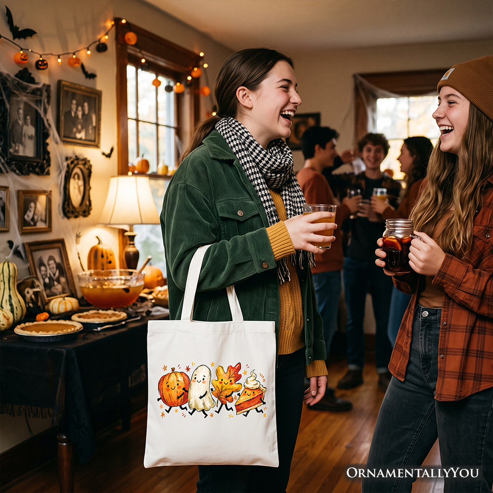 Cute Fall Characters Tote Bag, Pumpkin Ghost Leaf Pie Autumn Gift Shopper