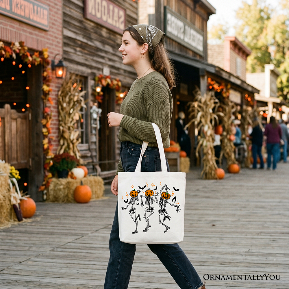 Dancing Skeletons Pumpkin Tote Bag, Halloween Graphic Shopper