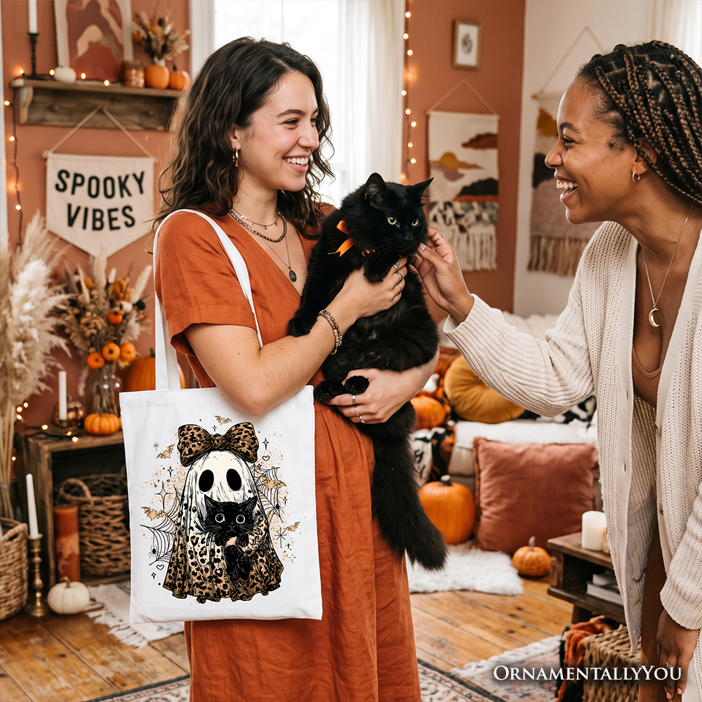 Leopard Bow Ghost with Black Cat Tote Bag, Spooky Halloween Spider Web Gift Shopper