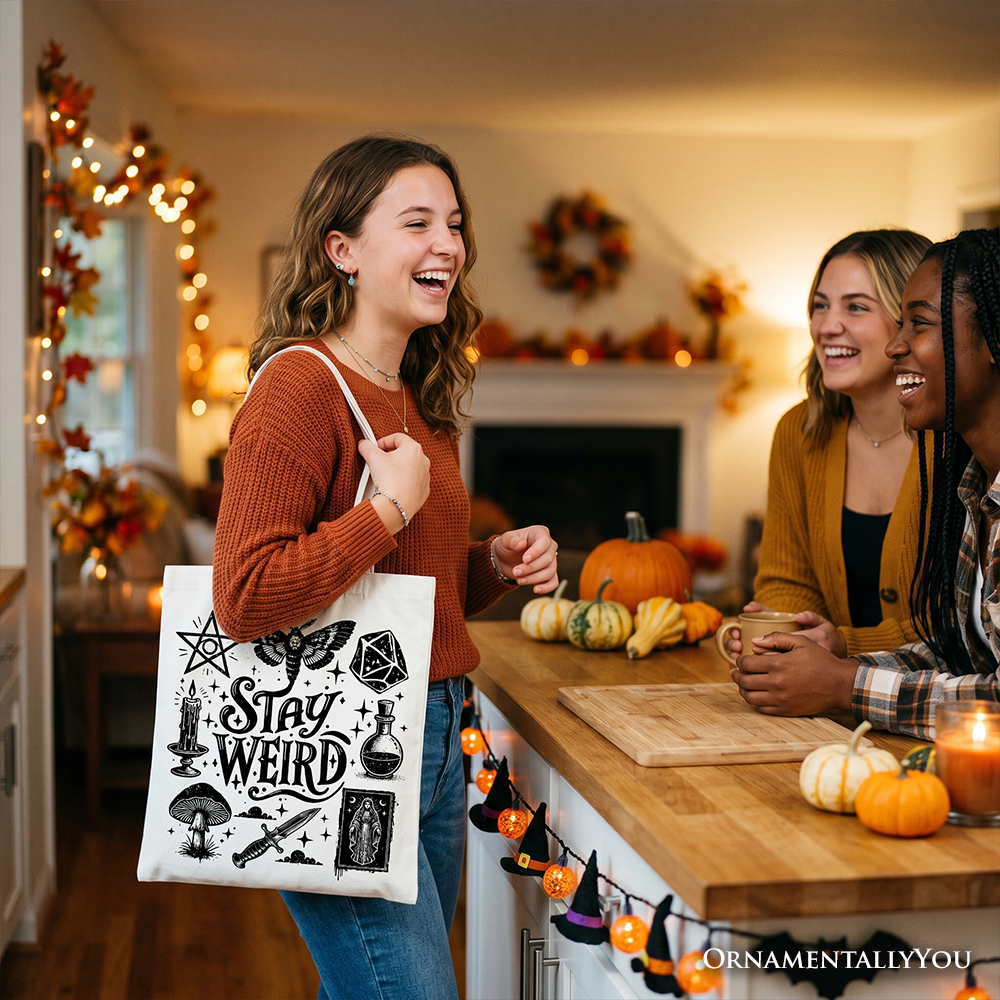 Stay Weird Witchy Vibes Canvas Tote, Mystical Halloween Bag