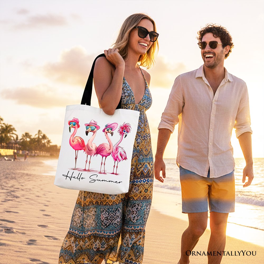 Flamingo Hello Summer Canvas Tote - Whimsical Tropical Gift Bag
