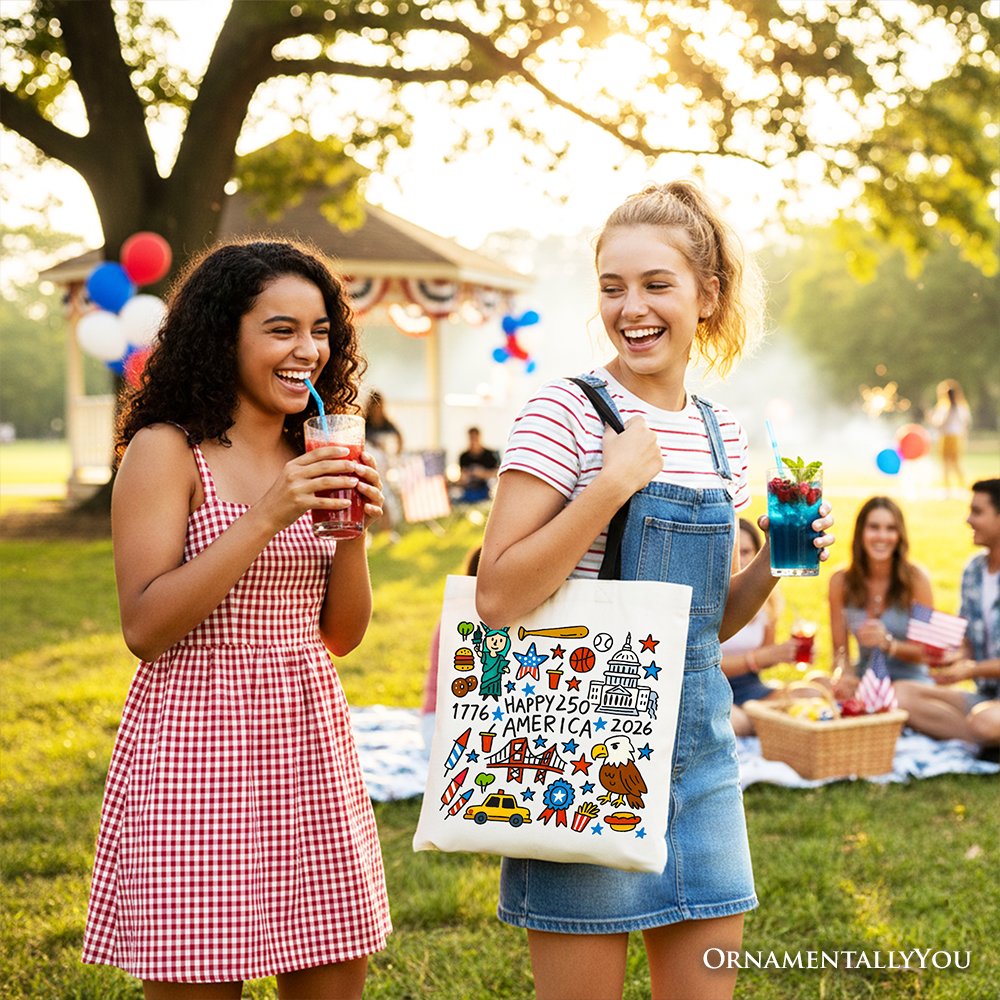 Happy 250 America Doodle Cotton Tote Bag USA Patriotic Anniversary