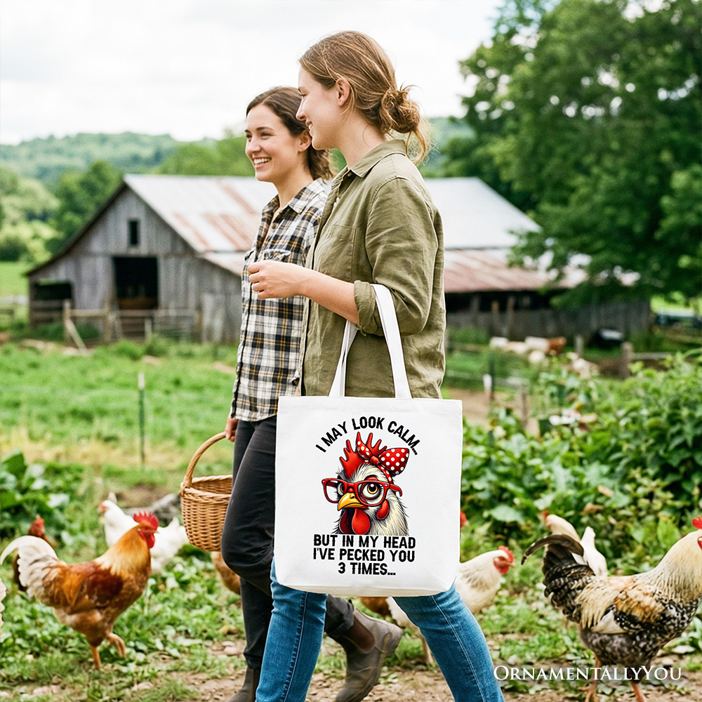 Sassy Chicken Tote Bag with Red Glasses and Bow Graphic