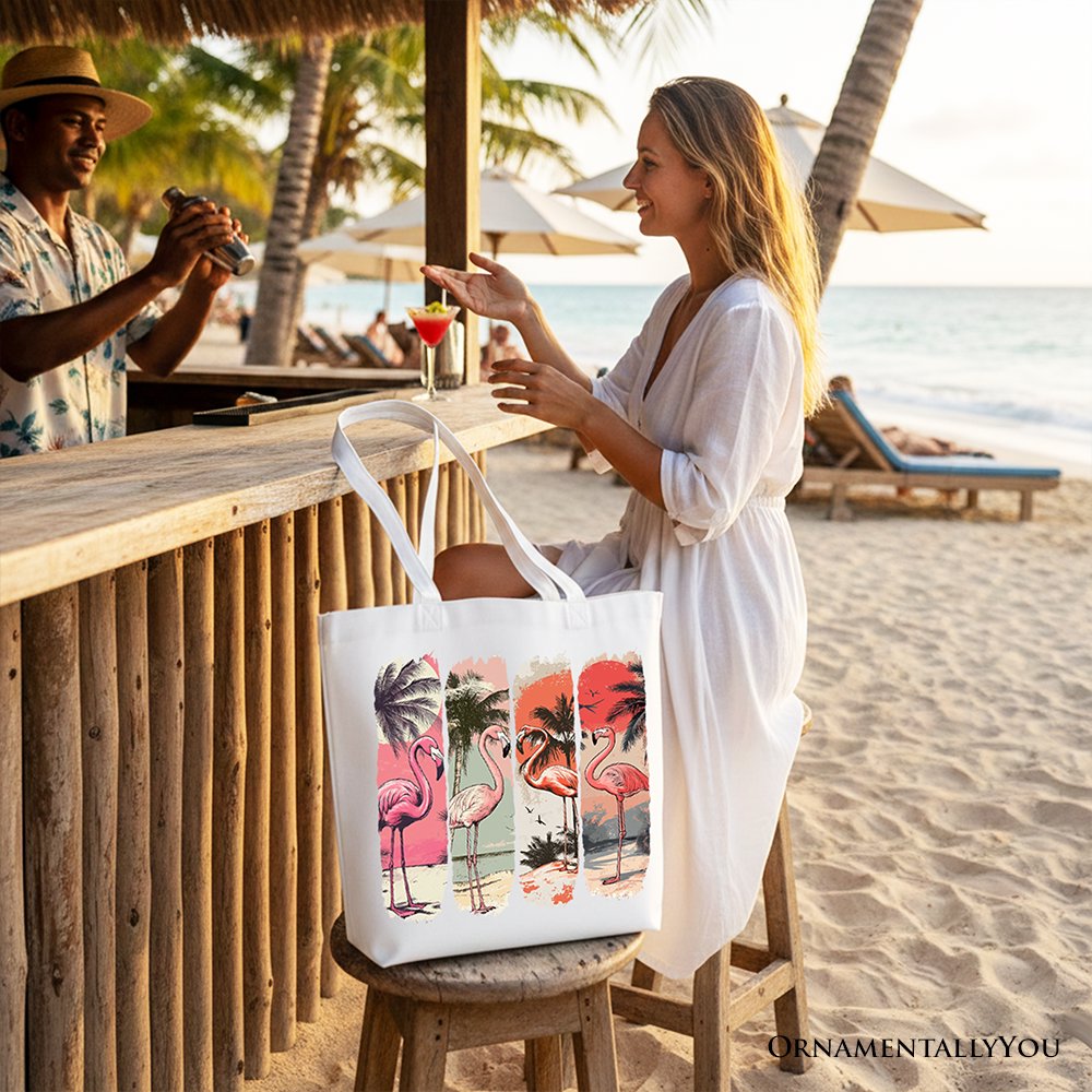 Summer Flamingo Beach Tote Bag, Tropical Sunset Retro Shopper