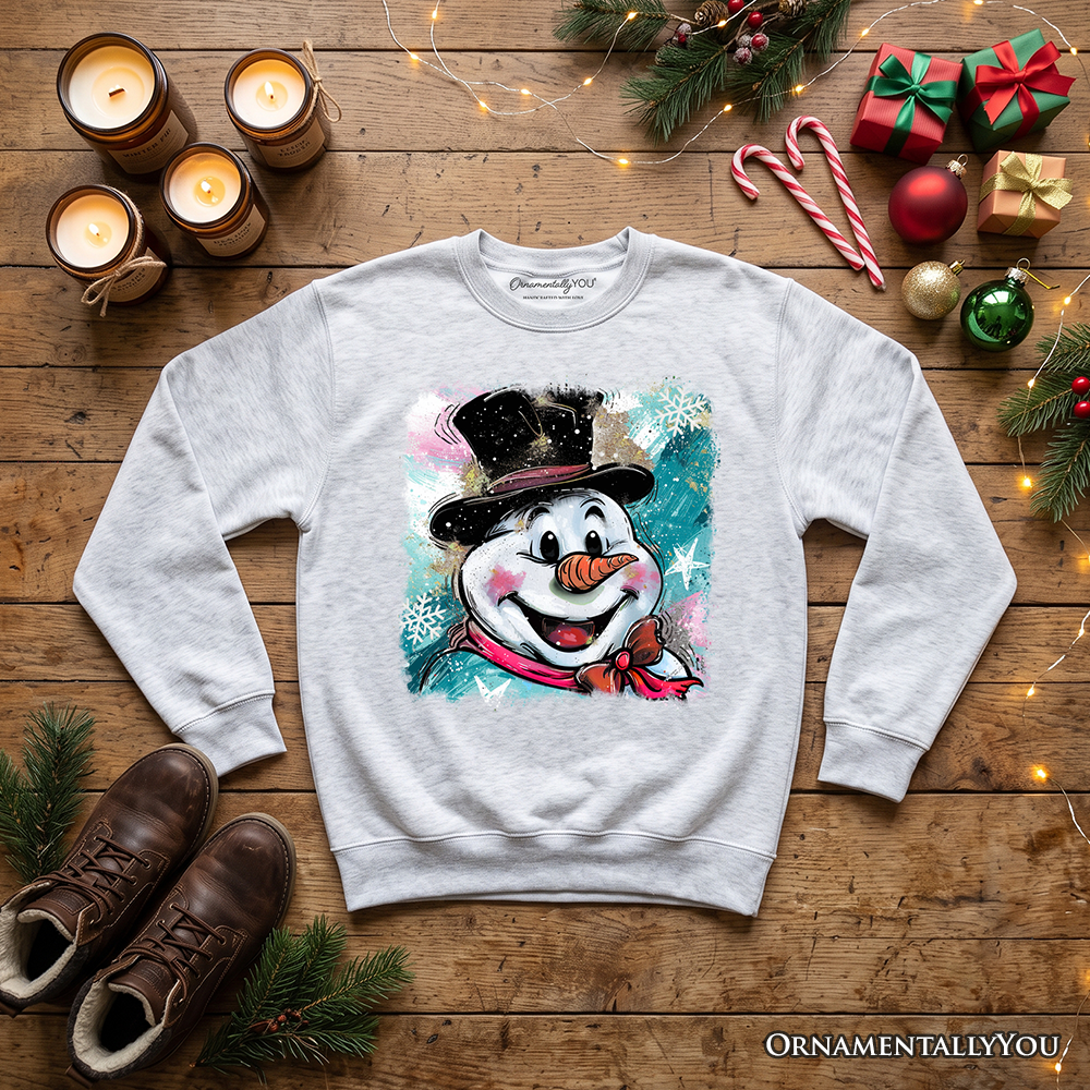 Brushstroke Cute Snowman Sweatshirt, Preppy Merry Christmas Glitter Holiday Sweater