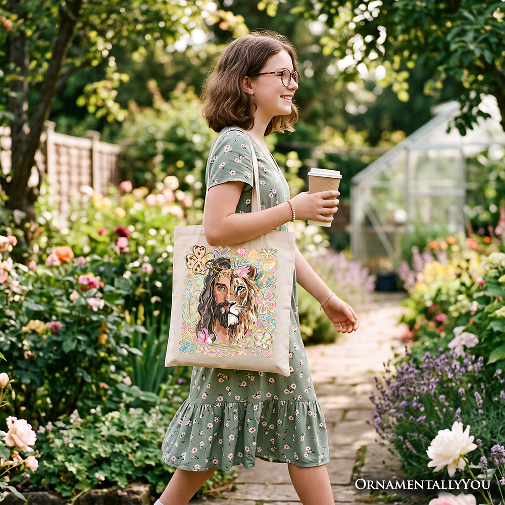 Lion of Judah Christian Tote Bag, Floral Jesus Religious Faith Gift Shopper
