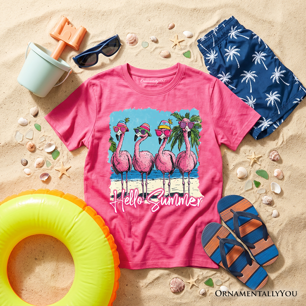 Hello Summer Flamingo T-Shirt for Kids, Tropical Beach Graphic Tee