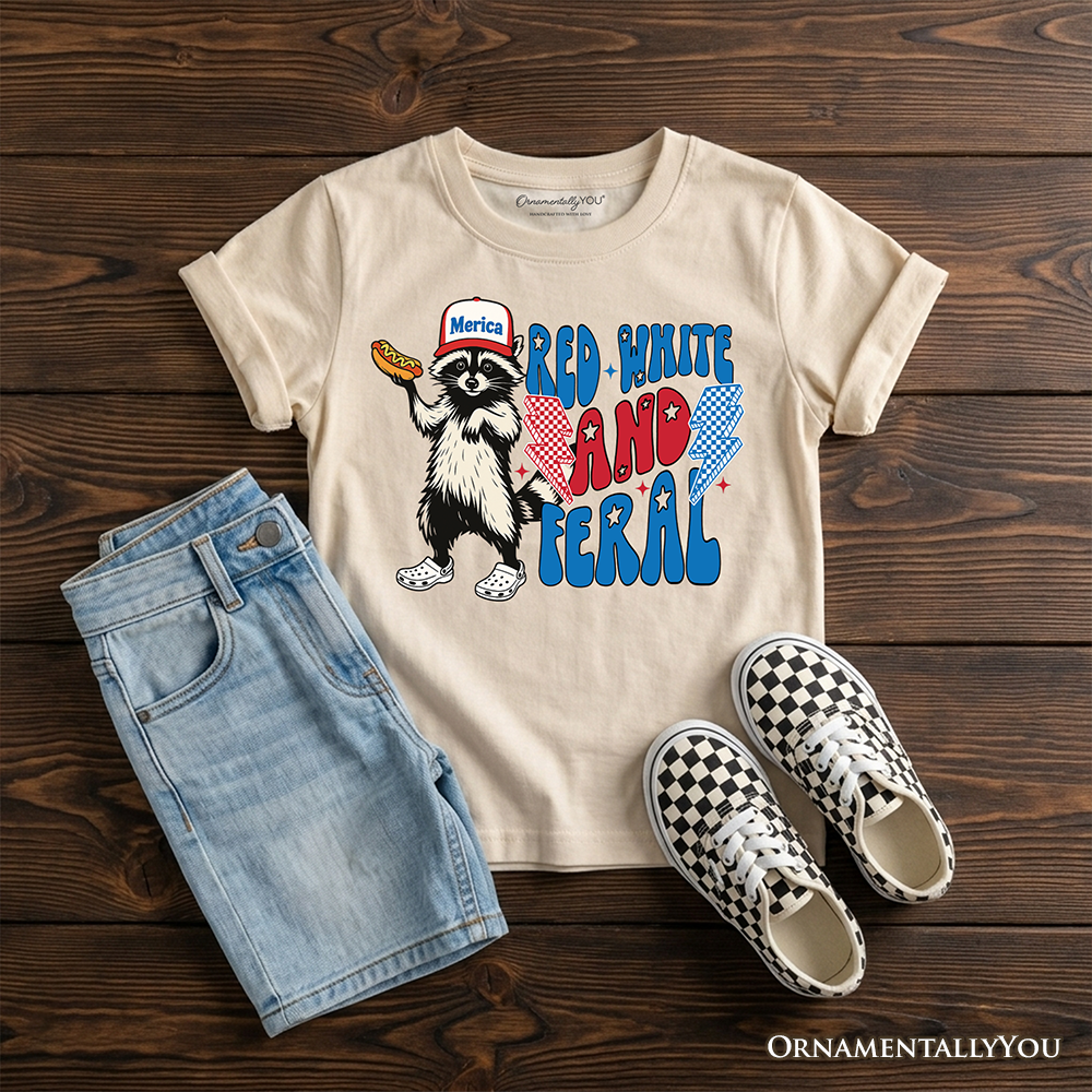 Kids Red, White & Feral Raccoon Graphic Tee Patriotic Youth Shirt