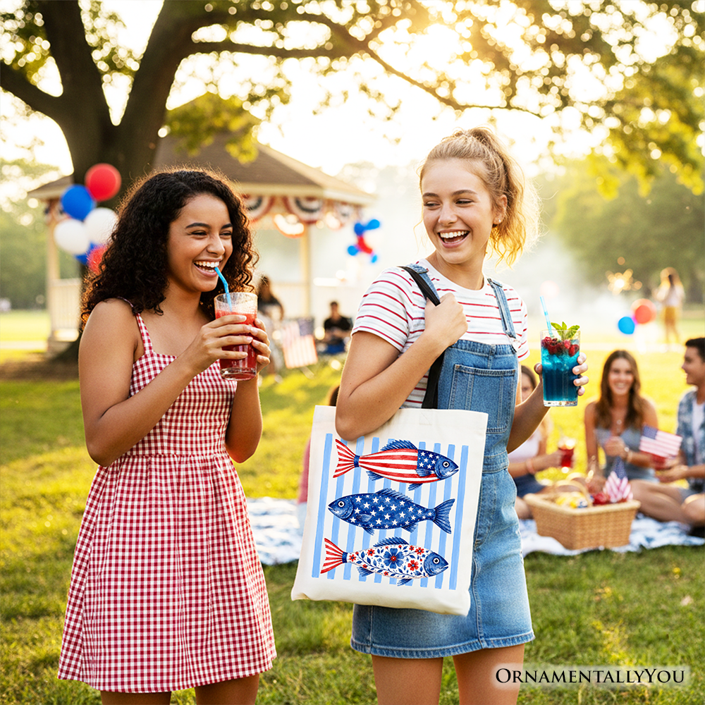 Patriotic Fish Striped Tote Bag - 4th of July Beach Shopper