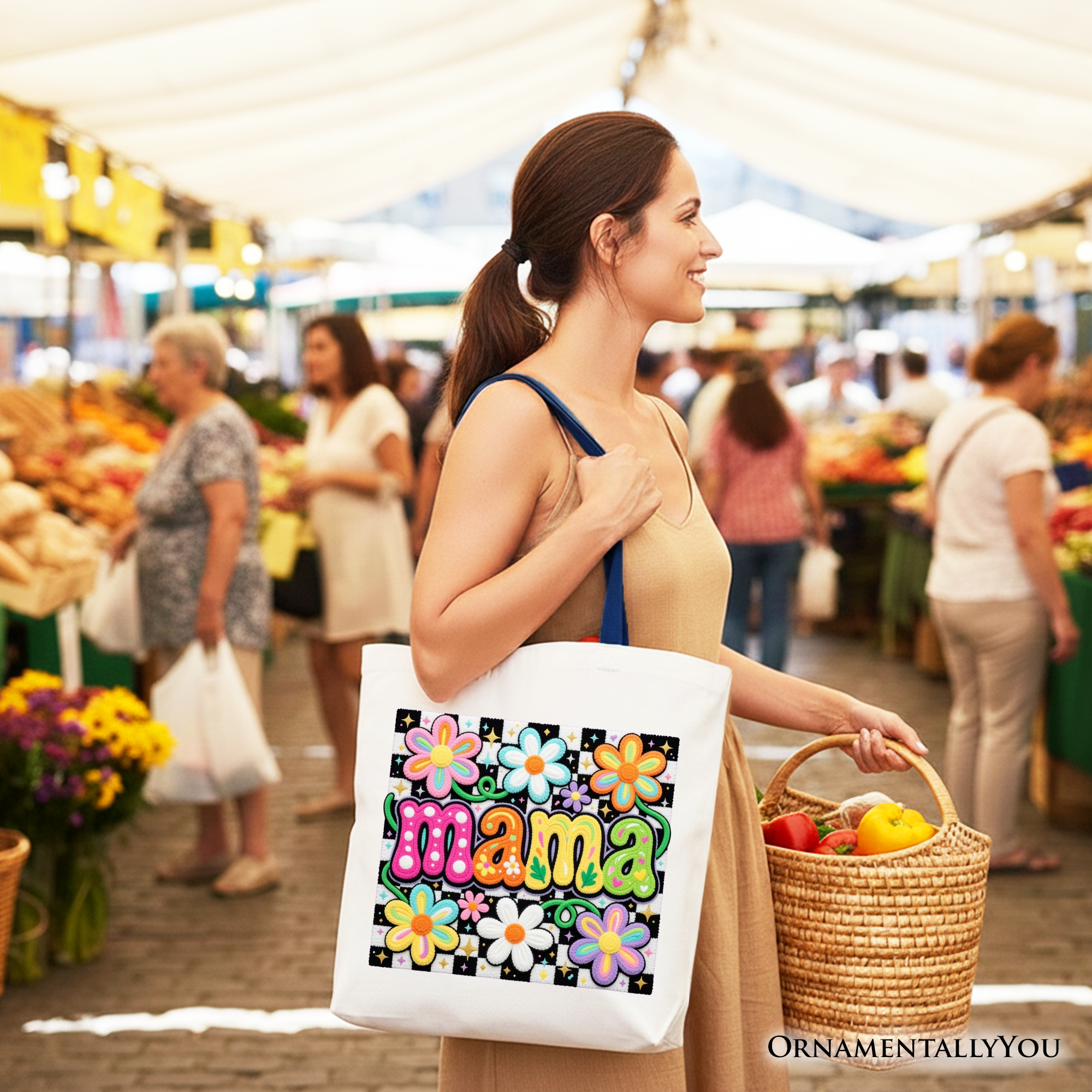 Retro Floral Mama Tote Bag – Colorful Mother's Day Gift Shopper