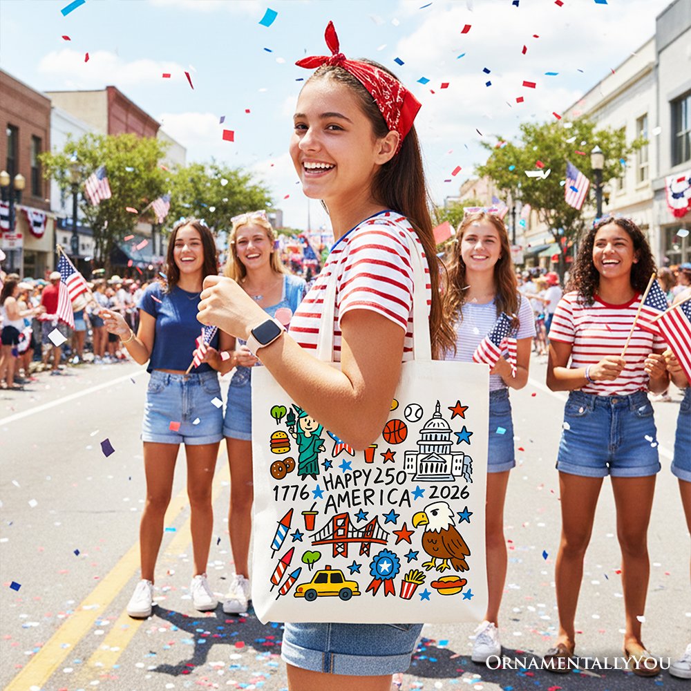 Happy 250 America Doodle Cotton Tote Bag USA Patriotic Anniversary