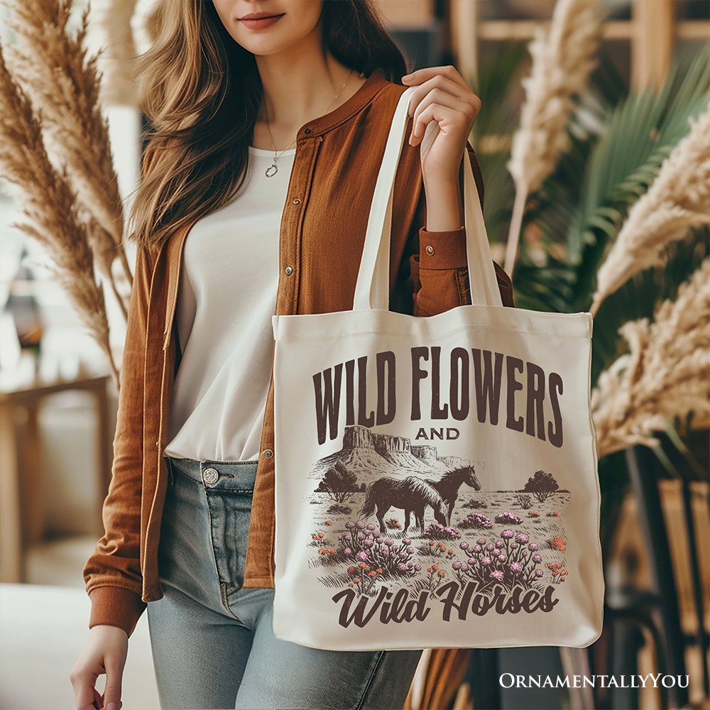 Wild Flowers and Wild Horses Canvas Tote Bag, Western Boho Gift