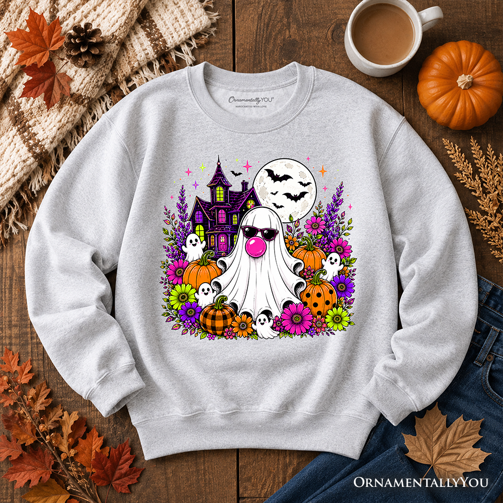 Bubblegum Ghost Haunted House Sweatshirt, Colorful Floral Halloween Pumpkin Sweater