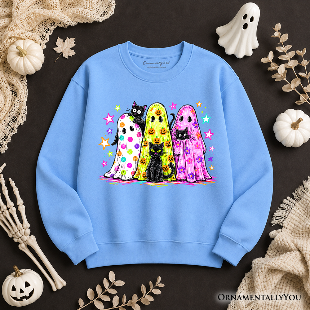 Colorful Ghosts and Black Cats Sweatshirt, Neon Halloween Spooky Season Sweater