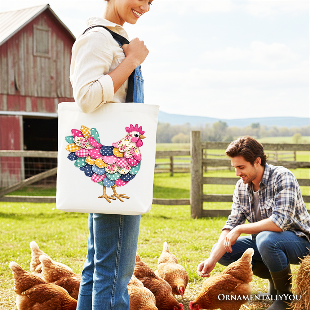 Floral Chicken Faux Patchwork Tote Bag, Coquette Farmhouse Gift