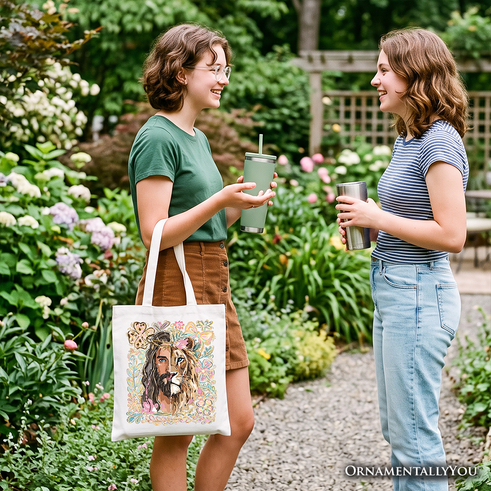 Lion of Judah Christian Tote Bag, Floral Jesus Religious Faith Gift Shopper