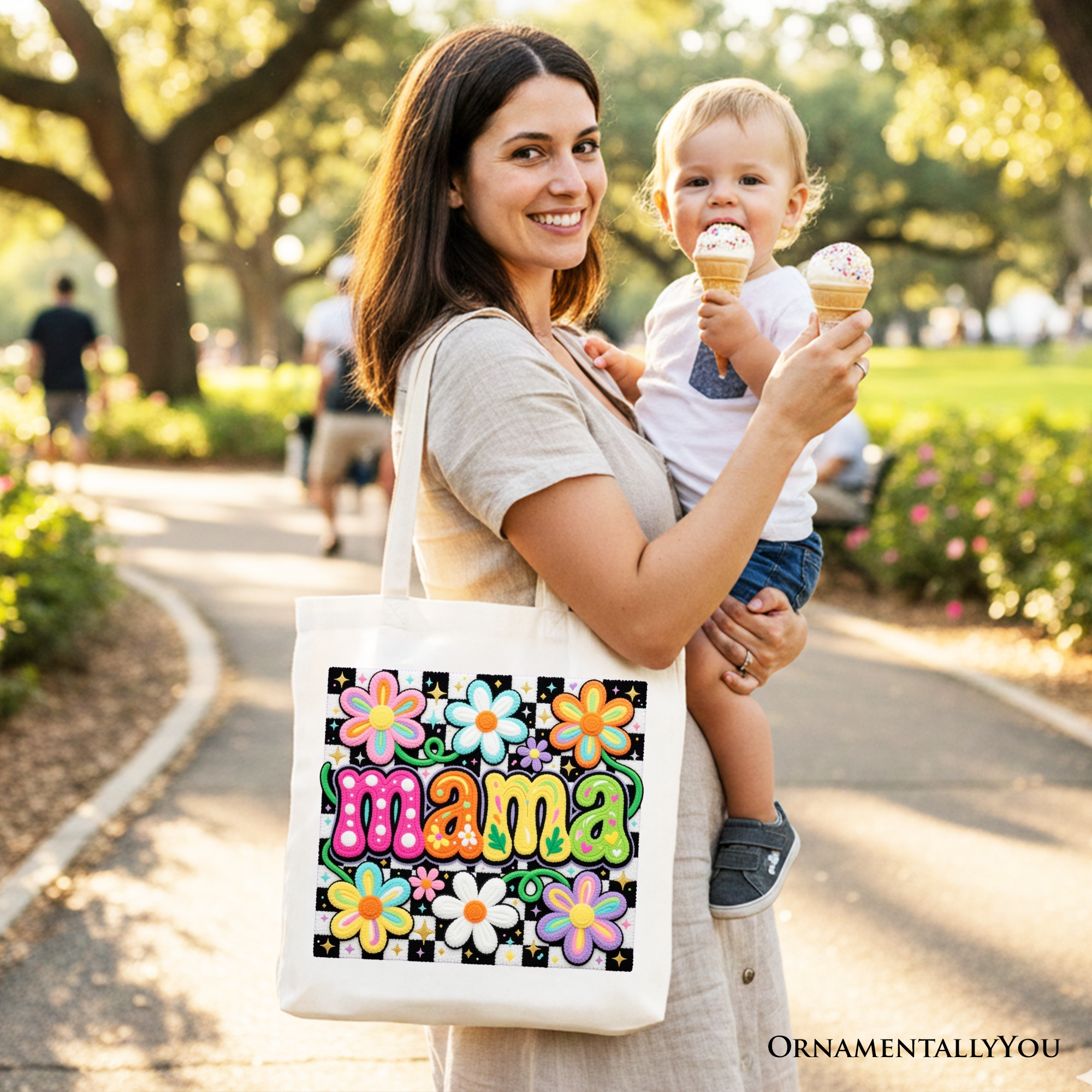 Retro Floral Mama Tote Bag – Colorful Mother's Day Gift Shopper