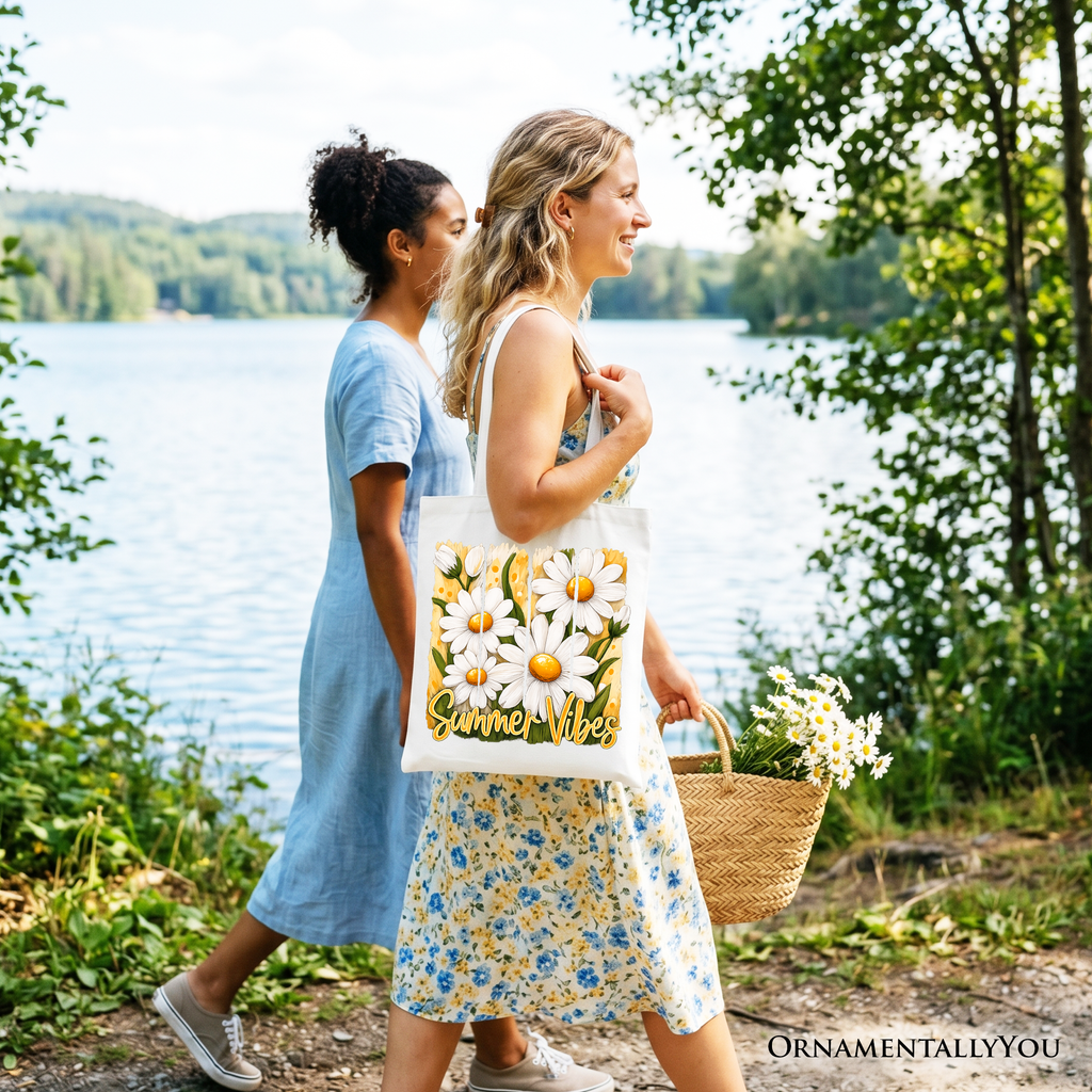 Daisy Brushstroke Floral Tote Bag – Aesthetic Summer Picnic Shopper