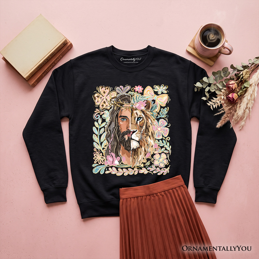 Lion of Judah Christian Sweatshirt, Floral Jesus Religious Faith Sweater