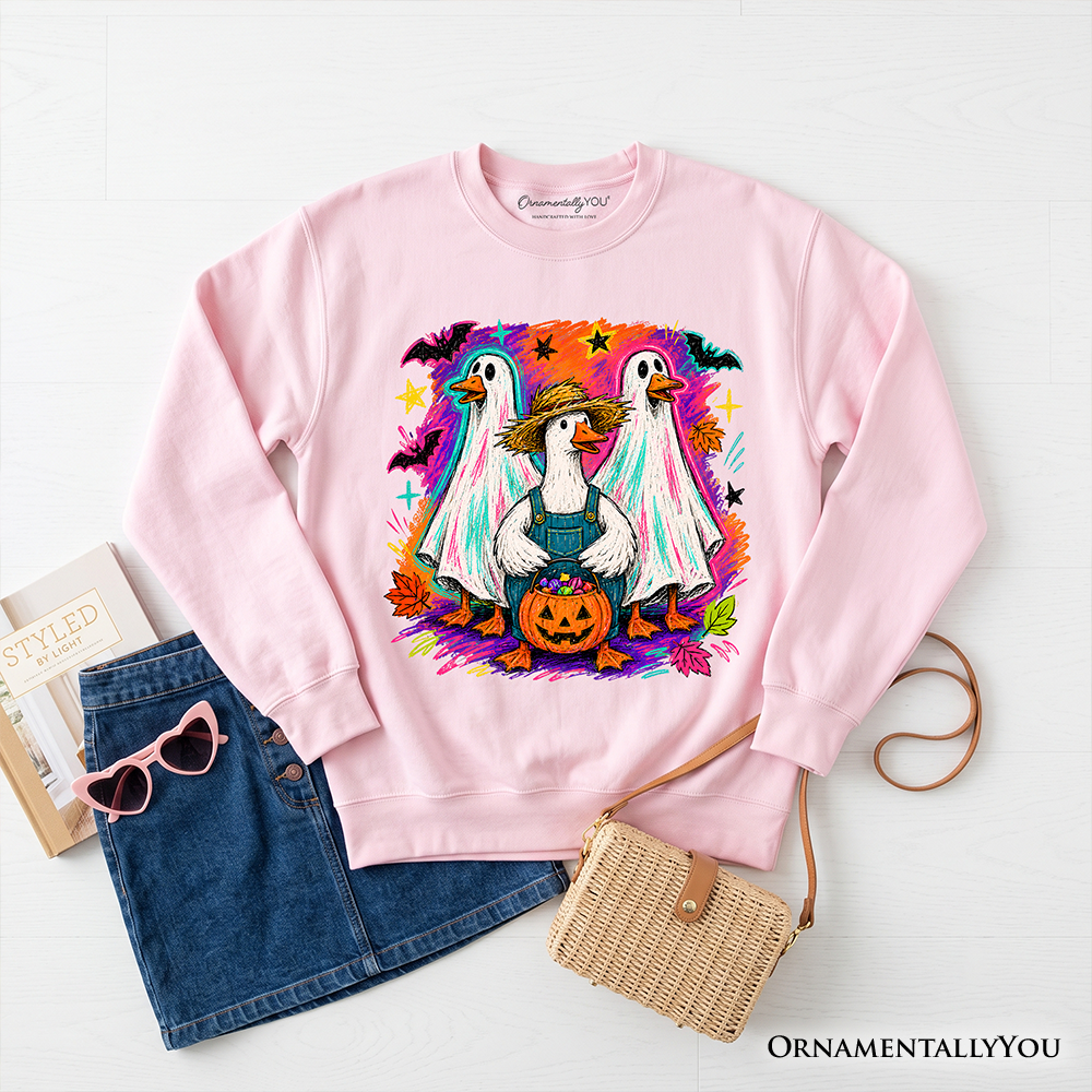 Trick or Treat Geese Sweatshirt, Colorful Halloween Ghost Costume Sweater