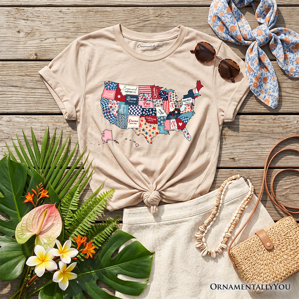 Kids Patriotic USA Map Patchwork T-Shirt Quilted Design Youth Tee