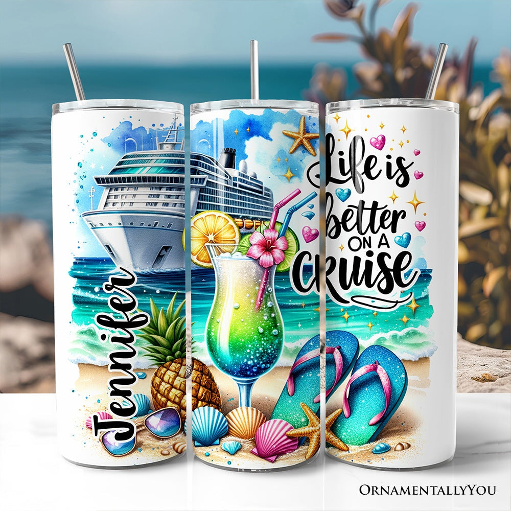 Personalized 20oz white and blue cruise-themed travel tumbler with straw and lid