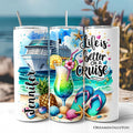 Personalized 20oz white and blue cruise-themed travel tumbler with straw and lid