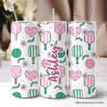 Pink retro pickleball themed 20oz personalized travel mug with stainless steel straw