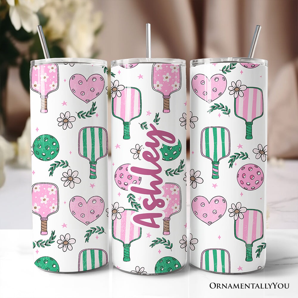 Pink retro pickleball themed 20oz personalized travel mug with stainless steel straw