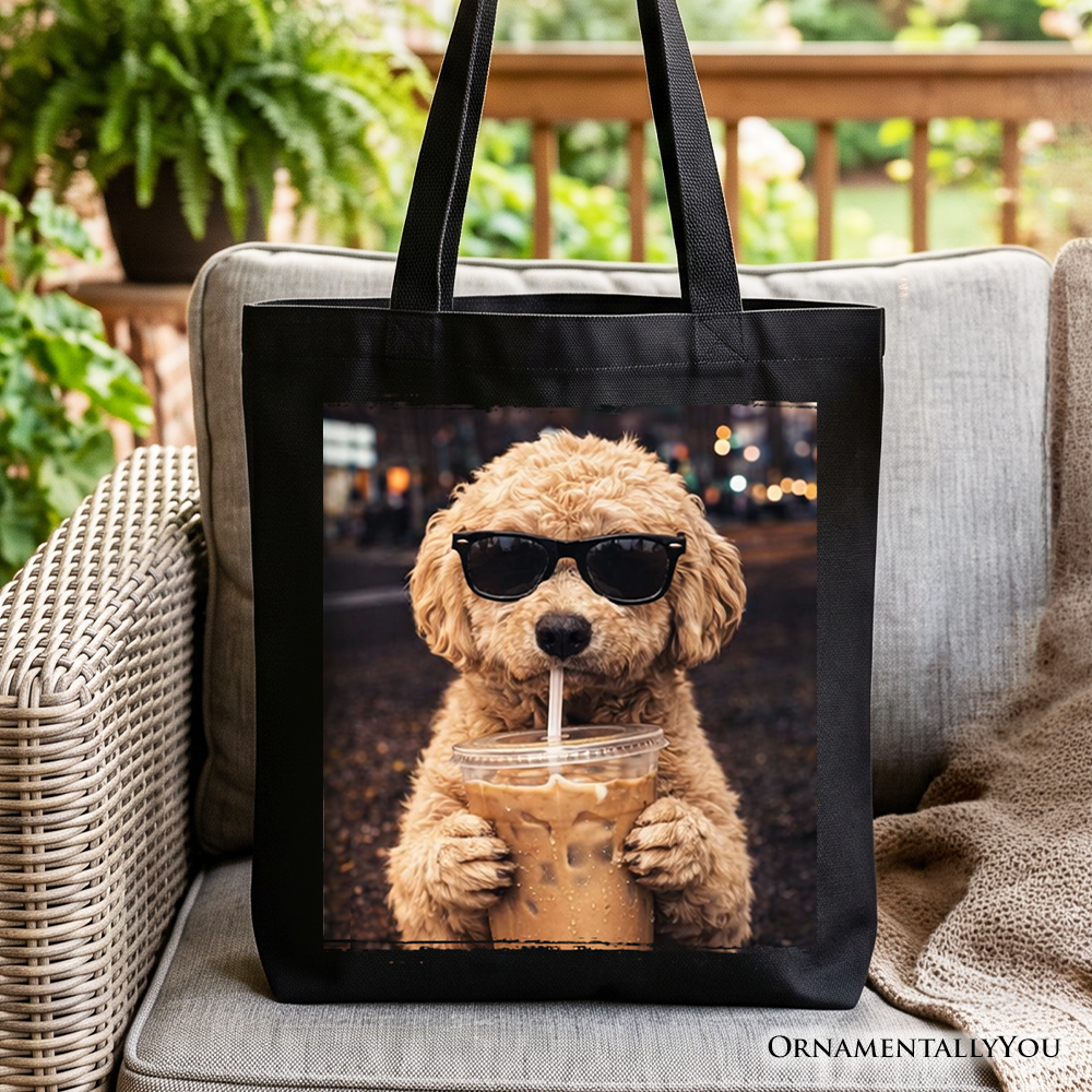 Black cotton tote bag with Poodle and iced coffee graphic