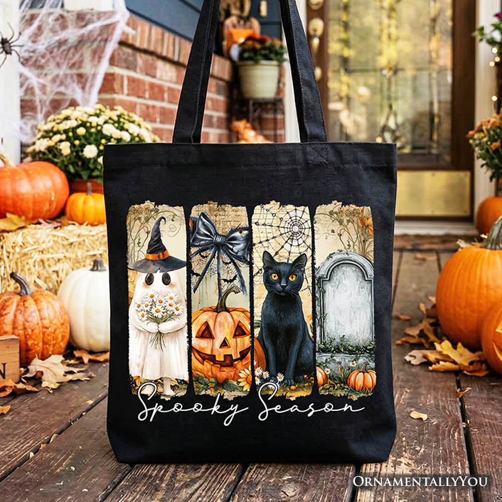 White canvas tote bag with vintage ghost, cat, and pumpkin brushstroke art