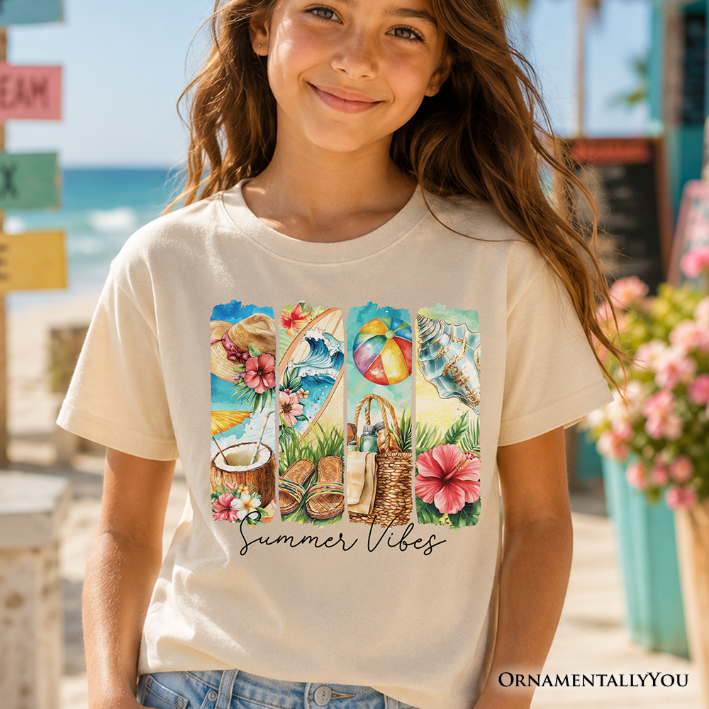 Kids coastal style floral t-shirt with coconut graphic in cream and light blue