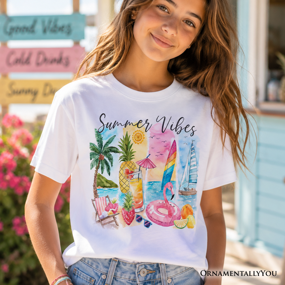 Colorful summer vacation beach t-shirt for kids in white and pink