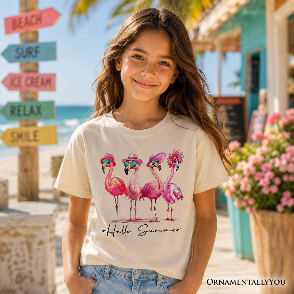 Kids Retro Flamingo Hello Summer T-Shirt in White and Beige