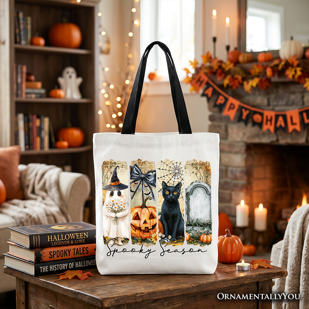 Fall Spooky Season Ghost Cat Tote Bag - Vintage Coquette Gift