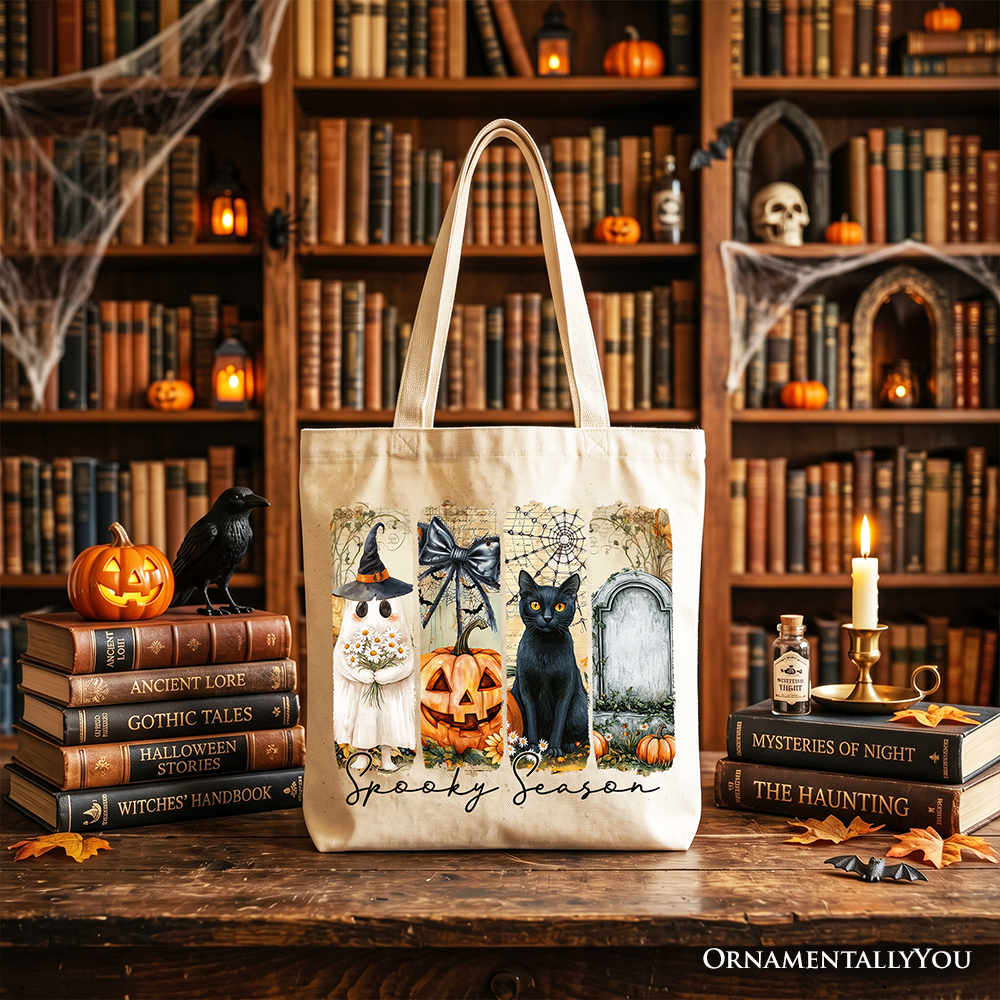 Fall Spooky Season Ghost Cat Tote Bag - Vintage Coquette Gift