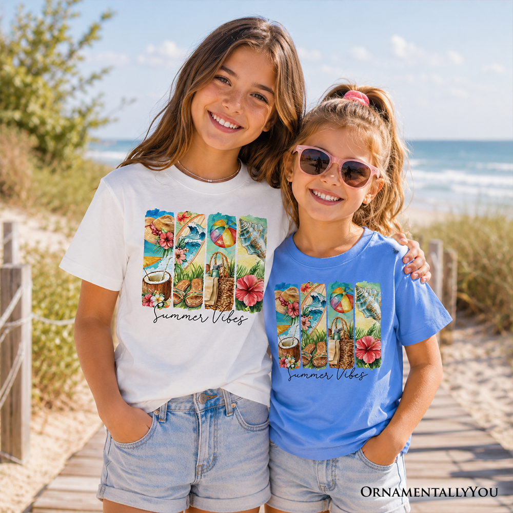 Kids Tropical Floral Beach T-Shirt in Cream and Light Blue