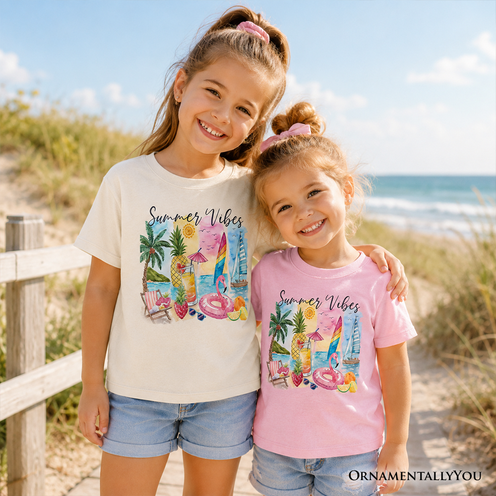 Kids Colorful Summer Vacation Beach T-Shirt in White and Pink