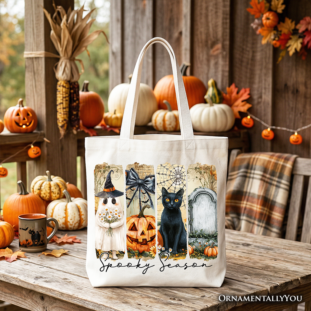 Fall Spooky Season Ghost Cat Tote Bag - Vintage Coquette Gift