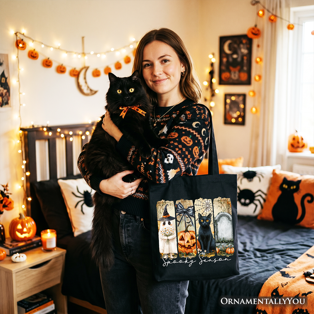Fall Spooky Season Ghost Cat Tote Bag - Vintage Coquette Gift