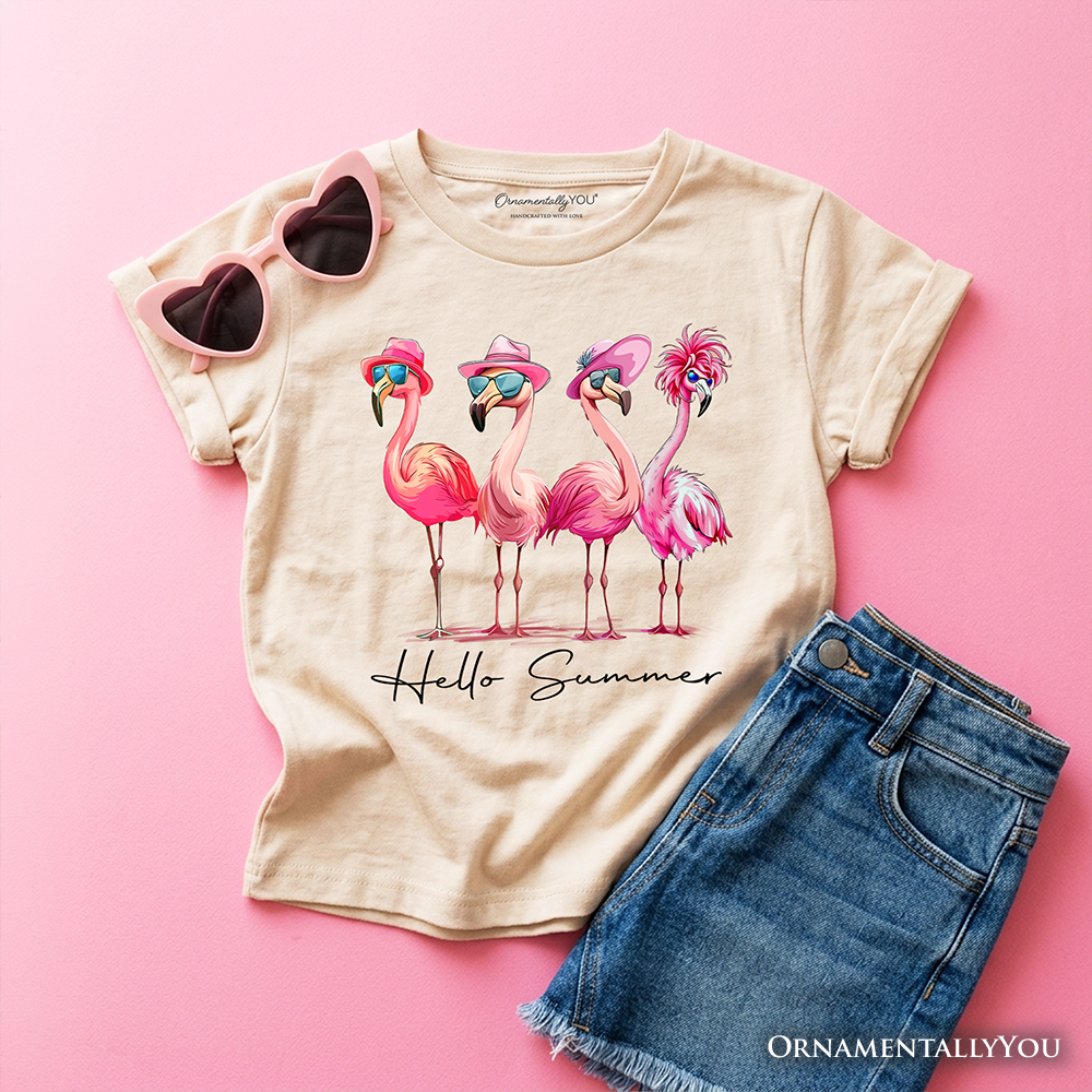 Kids Retro Flamingo Hello Summer T-Shirt in White and Beige