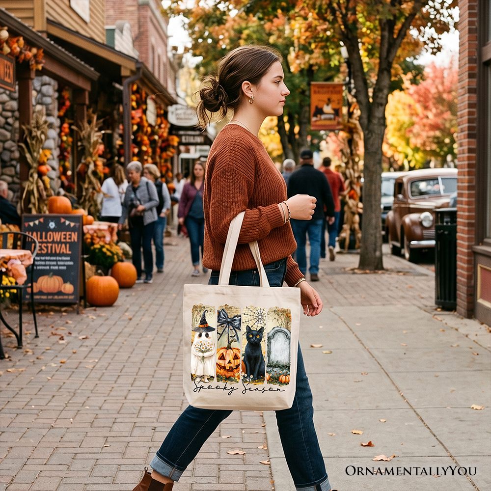 Fall Spooky Season Ghost Cat Tote Bag - Vintage Coquette Gift